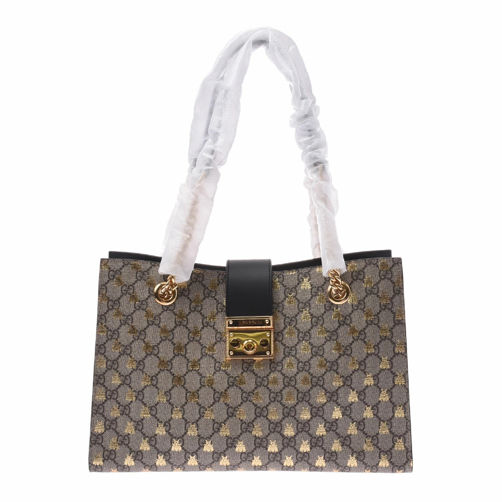 GUCCI Padlock Chain Tote Bee Gray Gold GG Supreme Canvas Bag